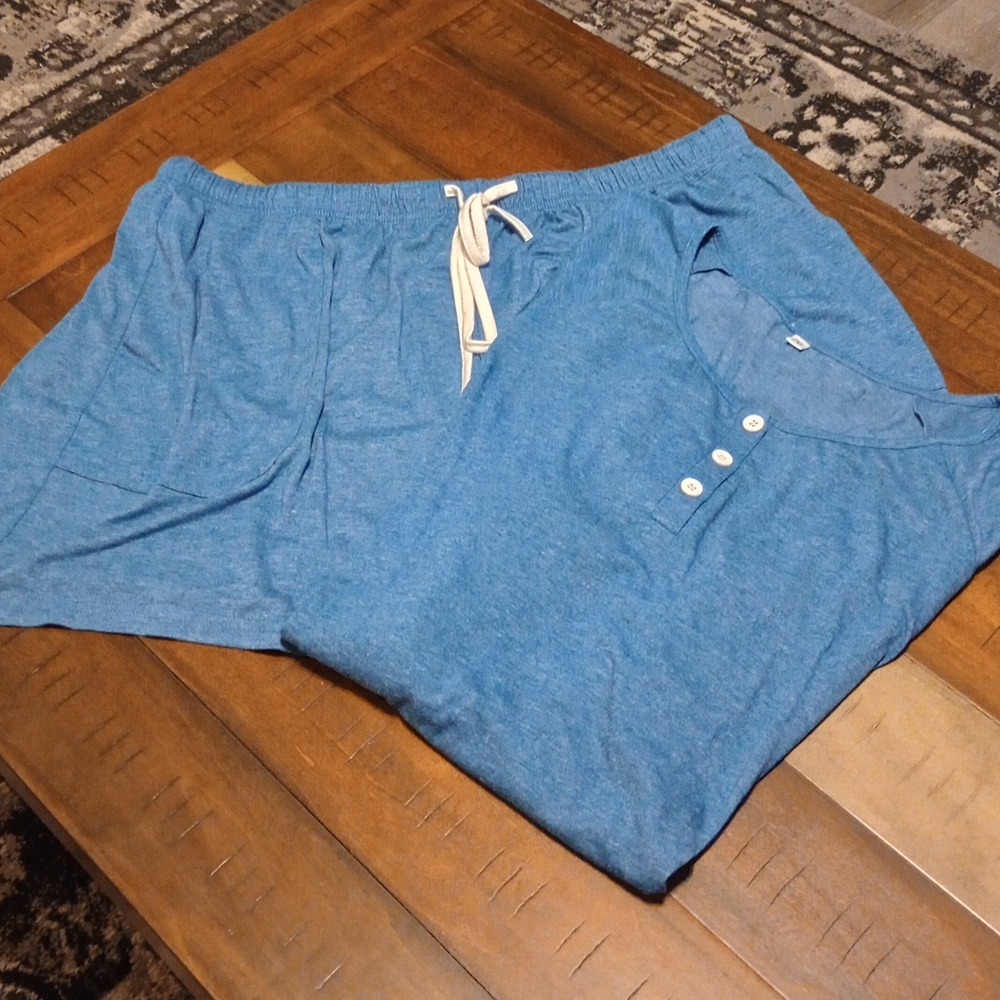 Blue Henley Lounge Set - Soft Knit Top & Drawstring Shorts *( Bundle 3 For 15)*